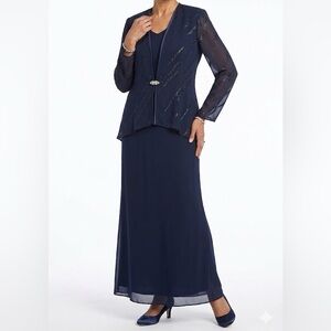 R&M Richards Dark Navy Blue 2PC Dress & Jacket Set 12 Beaded Chiffon Formal